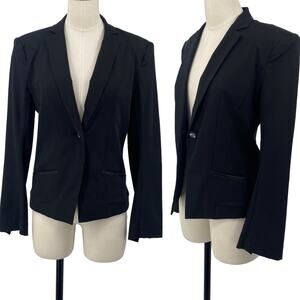 Elaine Kim Blazer Cotton Blend Lamb Leather Trim Bell Sleeve Black Womens Small